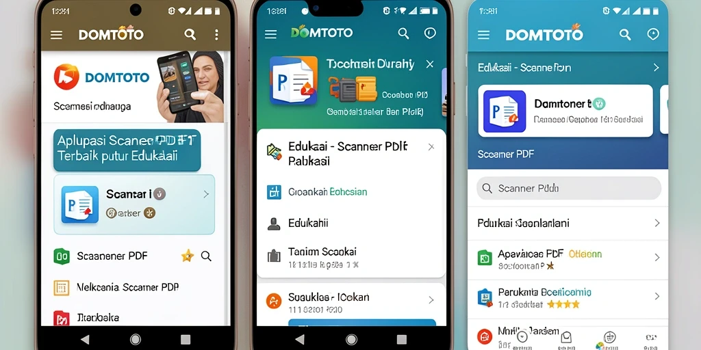 Tampilan antarmuka aplikasi DOMTOTO yang user-friendly dan fitur Scanner PDF.